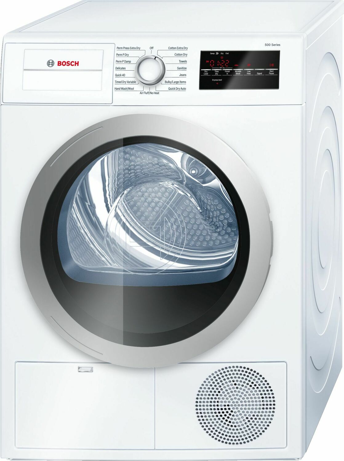 Bosch WTG86401UC 500 Series Cond. Dryer - 208/240V, Cap. 4.0 Cu.Ft., 15 Cyc.,65 Dba, Ss Drum, Silv. Rev./Door; Energy Star