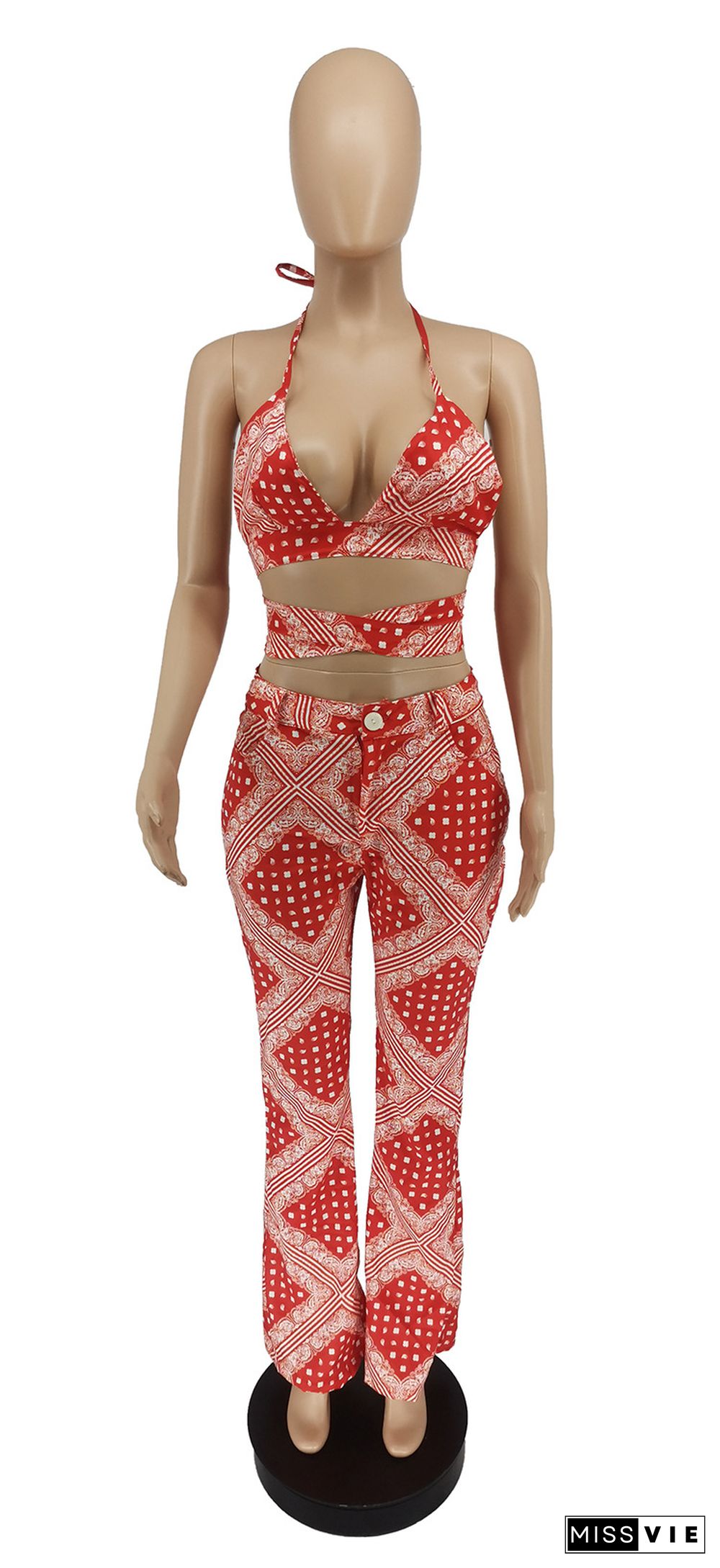 Summer Print Bandage Halter Bra Tops Pants 2 Piece Sets