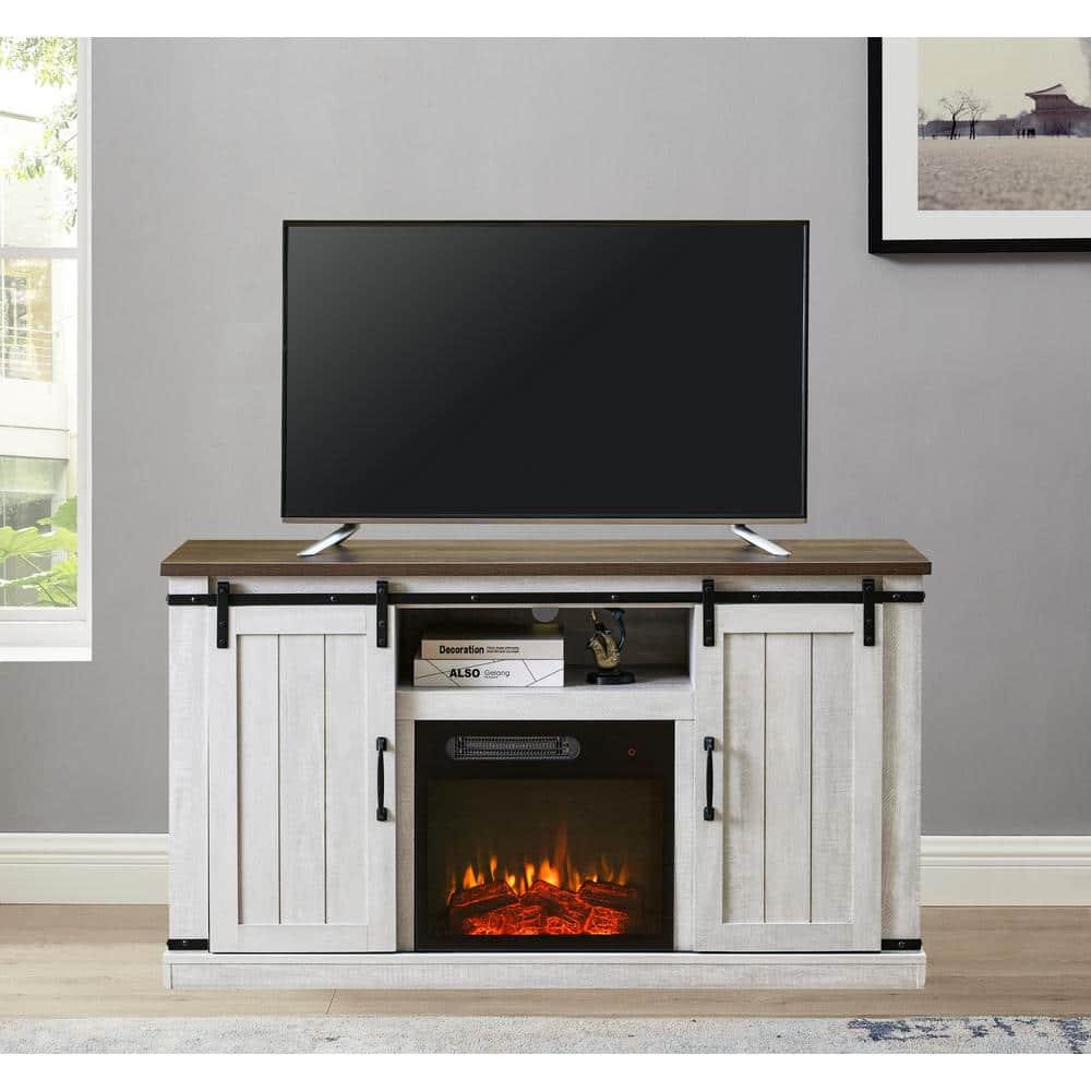 FESTIVO 54 in Saw CutOff White TV Stand for TVs up to 60 in with Electric Fireplace