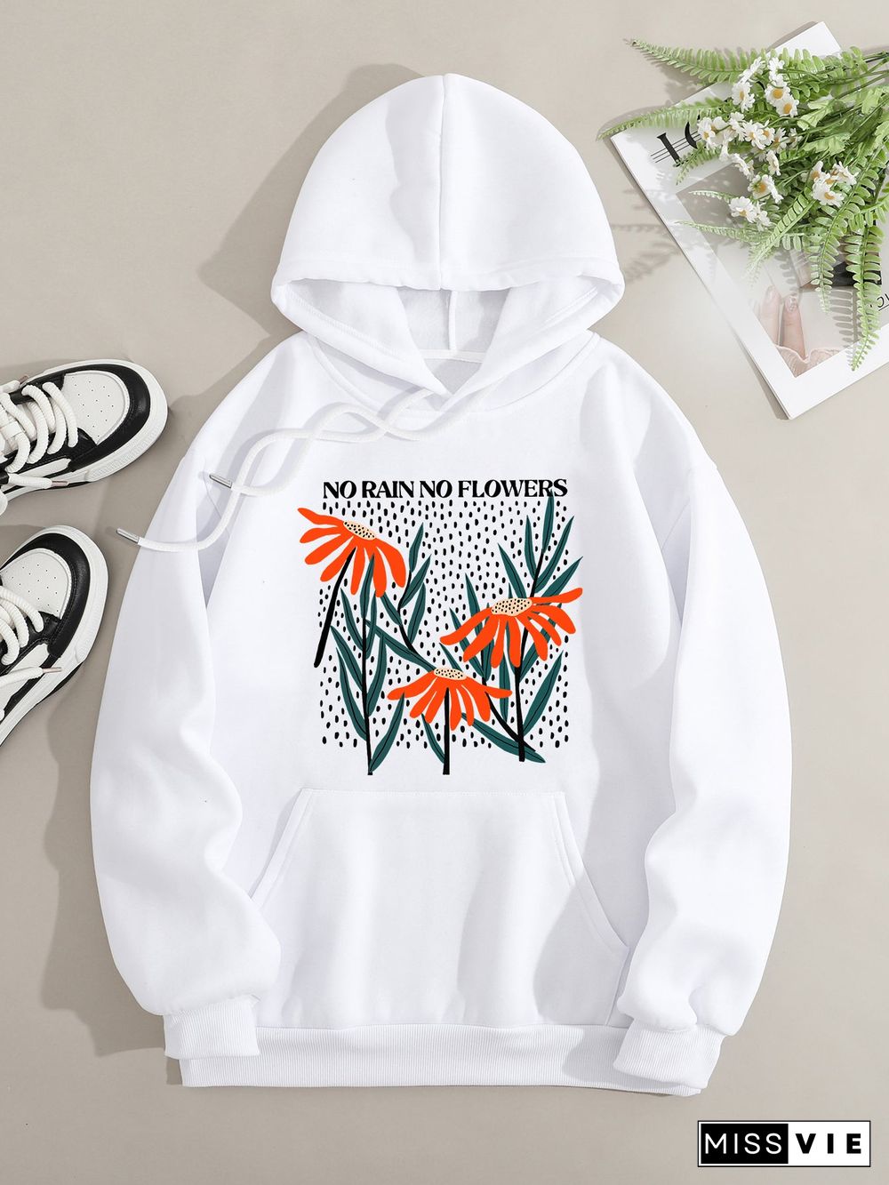 Printed on front Kangaroo Pocket Hoodie Long Sleeve for Women Pattern Flowers