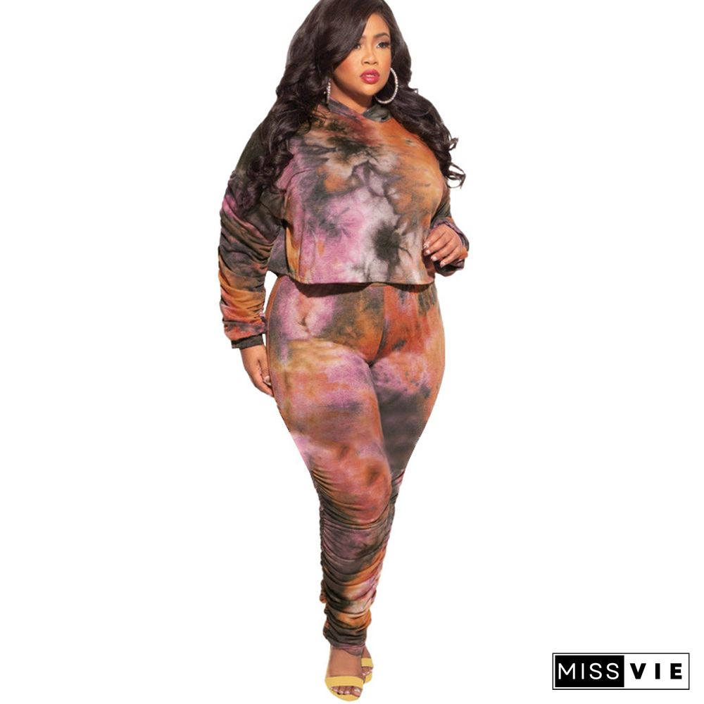 Plus Size Tie Dye Hooded Top Pleated Pants Set