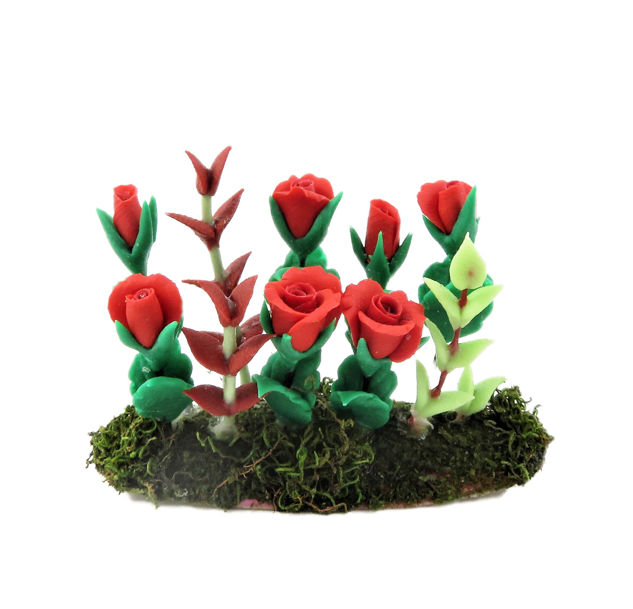 Dolls House Red Roses Flowers In Ground Soil Grass Miniature Garden Accessory