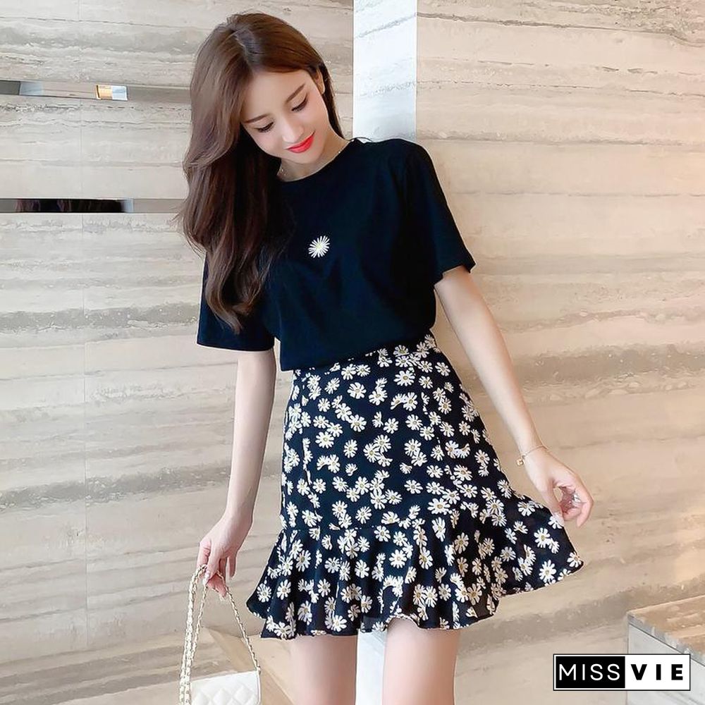 Pastoral Daisy Print T-shirt+Skirt P13849