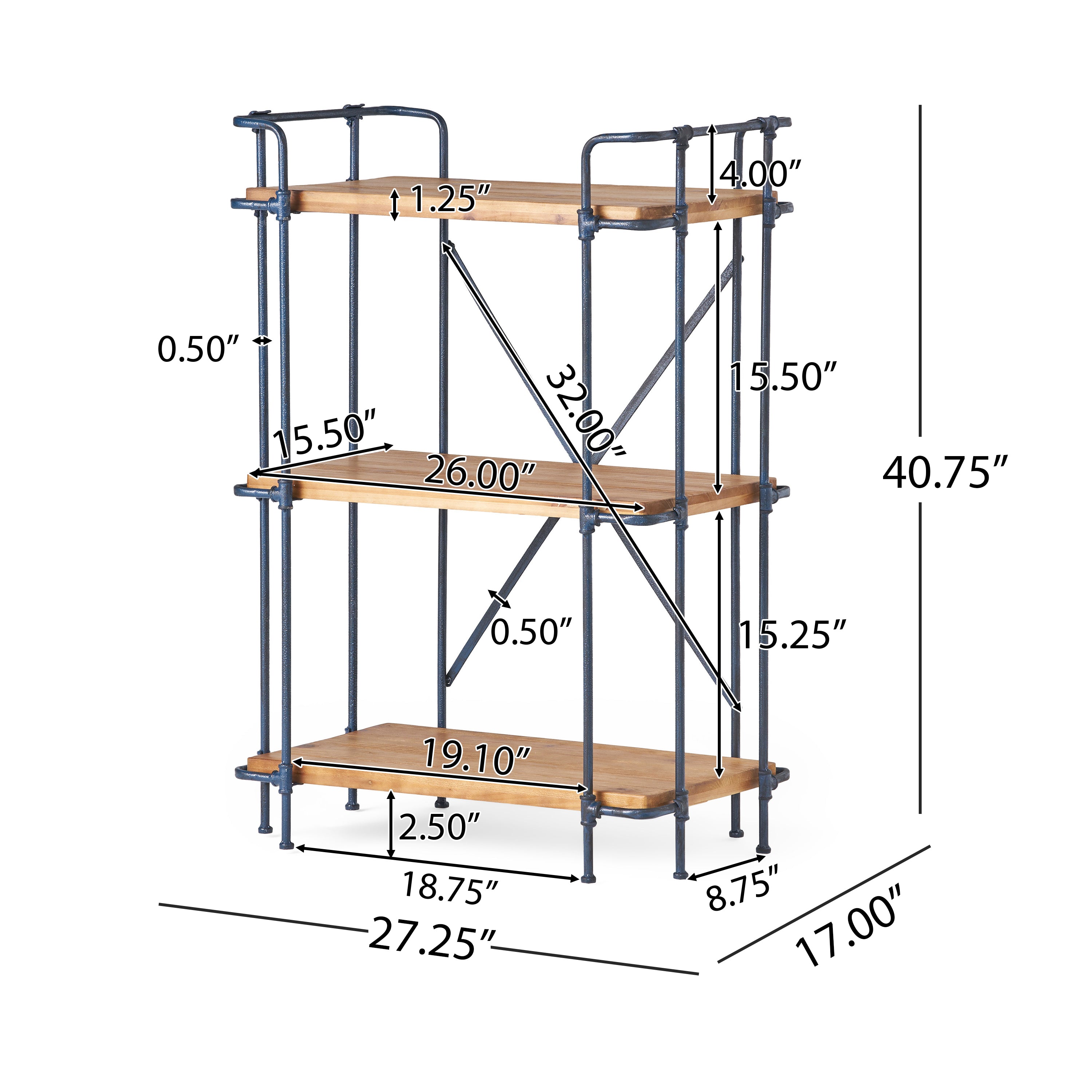 Mercia Industrial Pipe Design 3-Shelf Etagere Bookcase