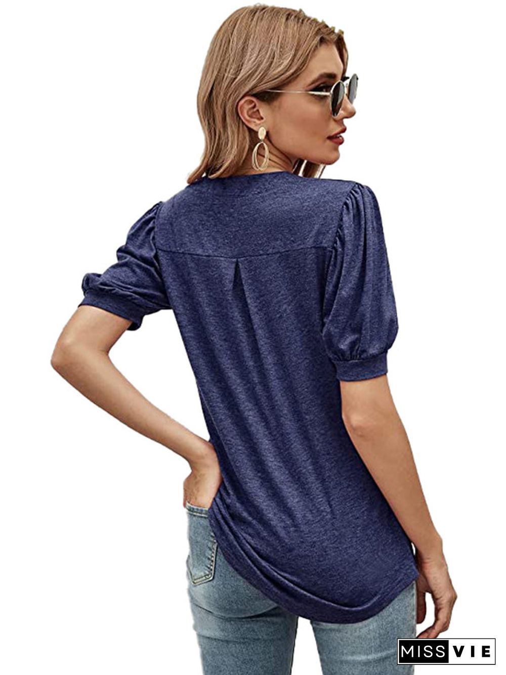 Simple Solid Color V-Neck Puff Sleeves T-Shirt Top