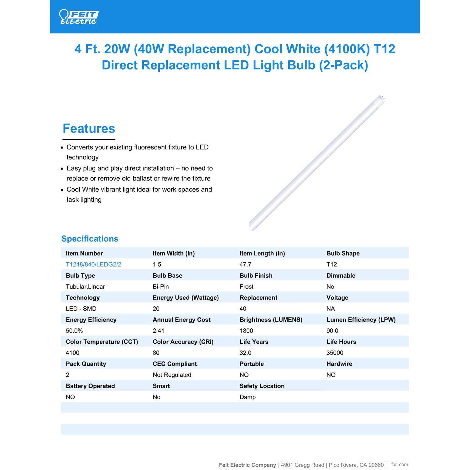 Feit Plug and Play T12 Cool White 48 in. G13 (Medium Bi-Pin) Linear LED Bulb 40 Watt Equivalence 2 pk