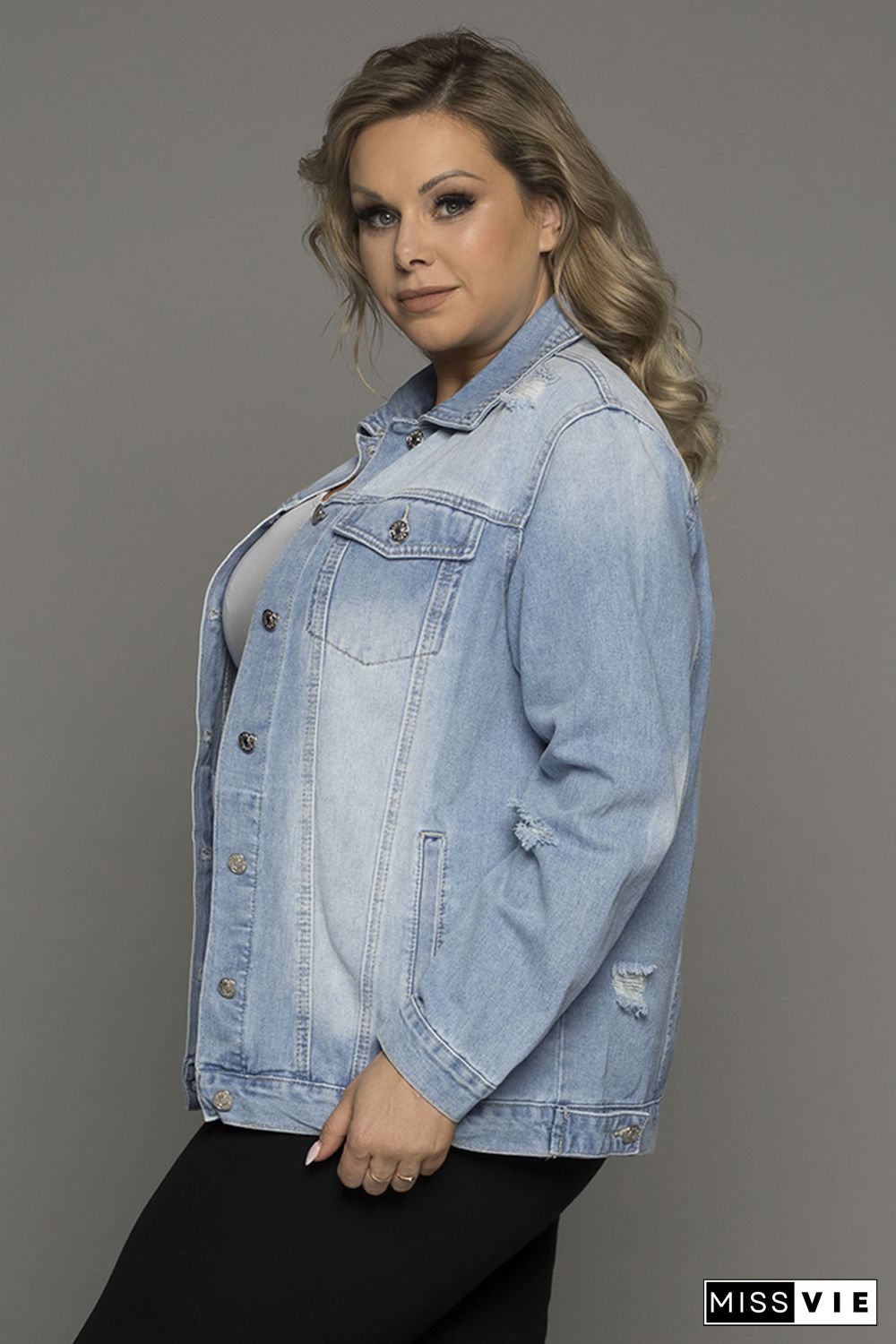 Light Blue Plus Size Washed Pocketed Denim Jacket