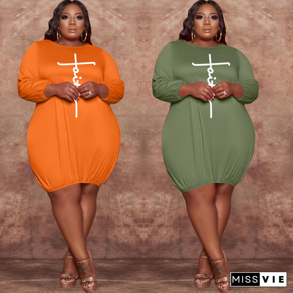 Plus Size Long Sleeve O Neck Loose Midi Dress