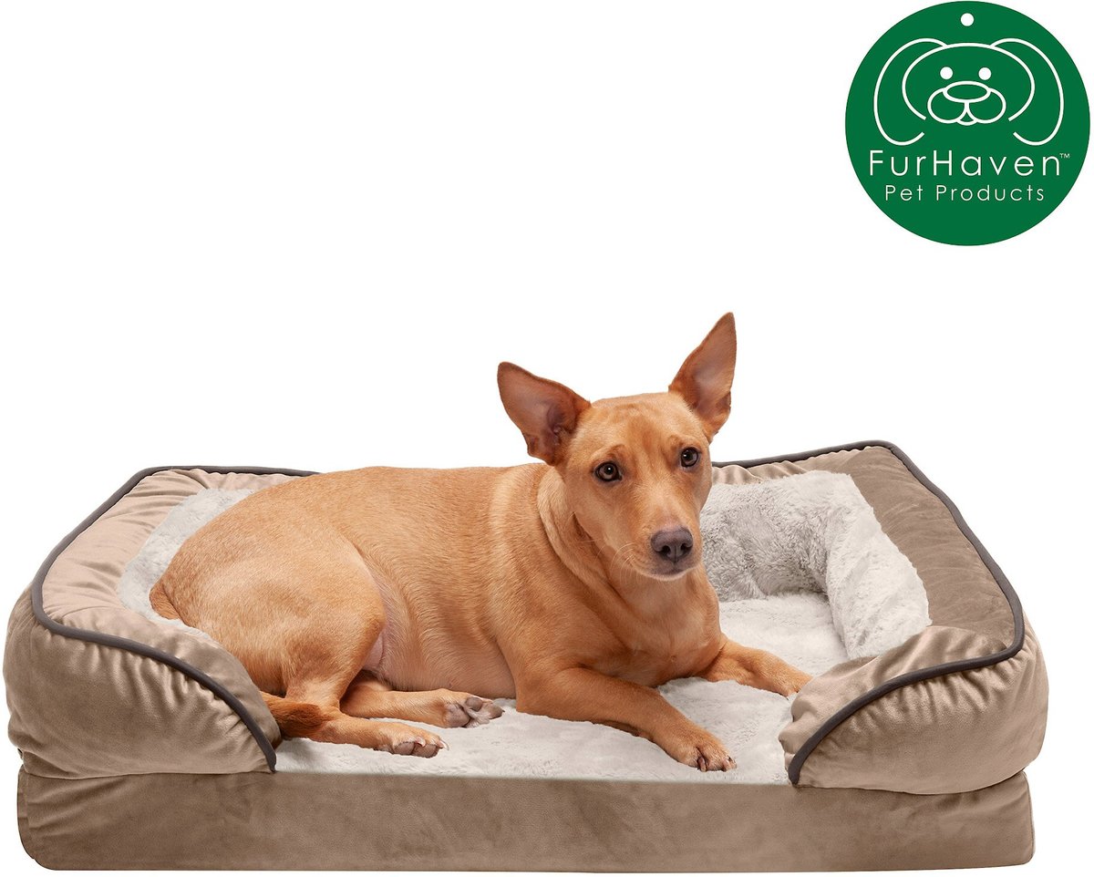 FurHaven Velvet Waves Perfect Comfort Orthopedic Sofa Cat and Dog Bed， Brownstone， Medium