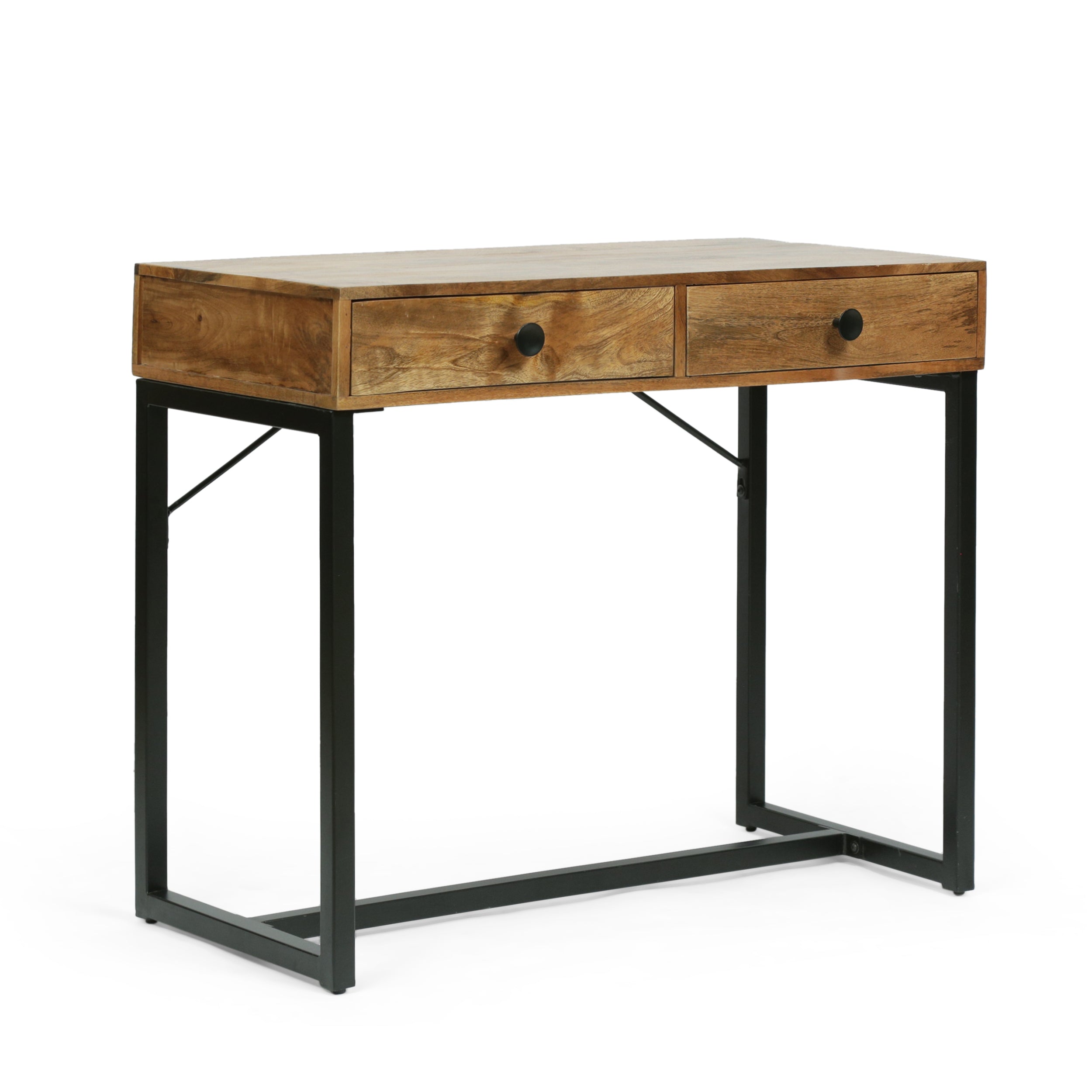 Wibaux Modern Industrial Handcrafted Mango Wood Desk with Drawers, Natural Honey and Black