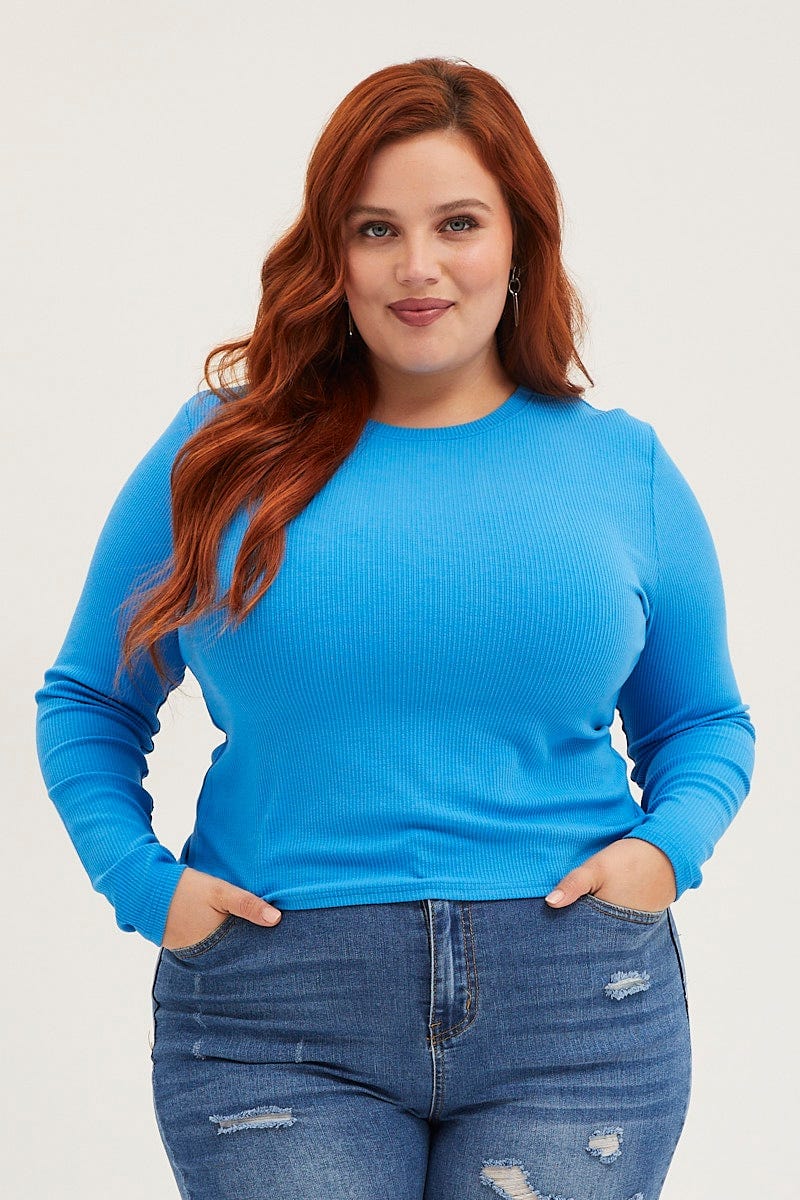 Blue T-shirt Crew Neck Long Sleeve Rib Semi Crop