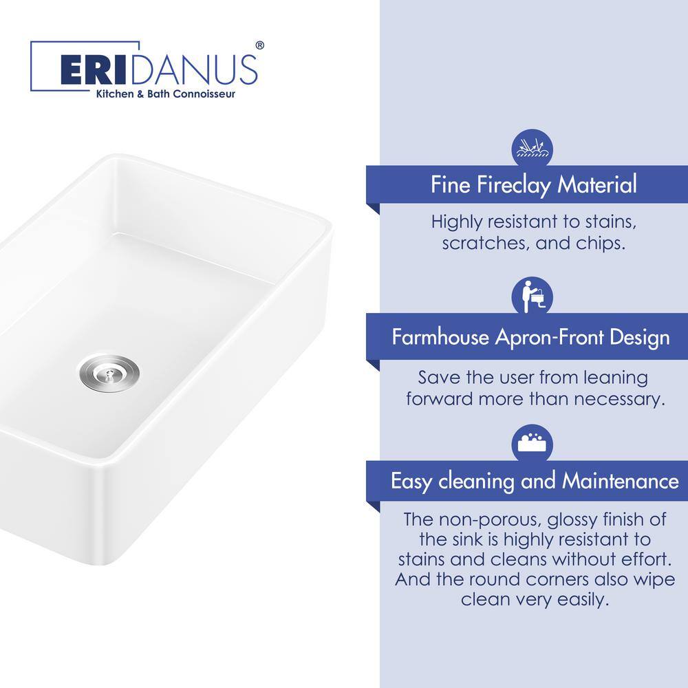 Eridanus Denbigh Crisp White Fireclay 33 in. Single Bowl Farmhouse Apron Kitchen Sink with Bottom Grid and Basket Strainer ERI-FS-105