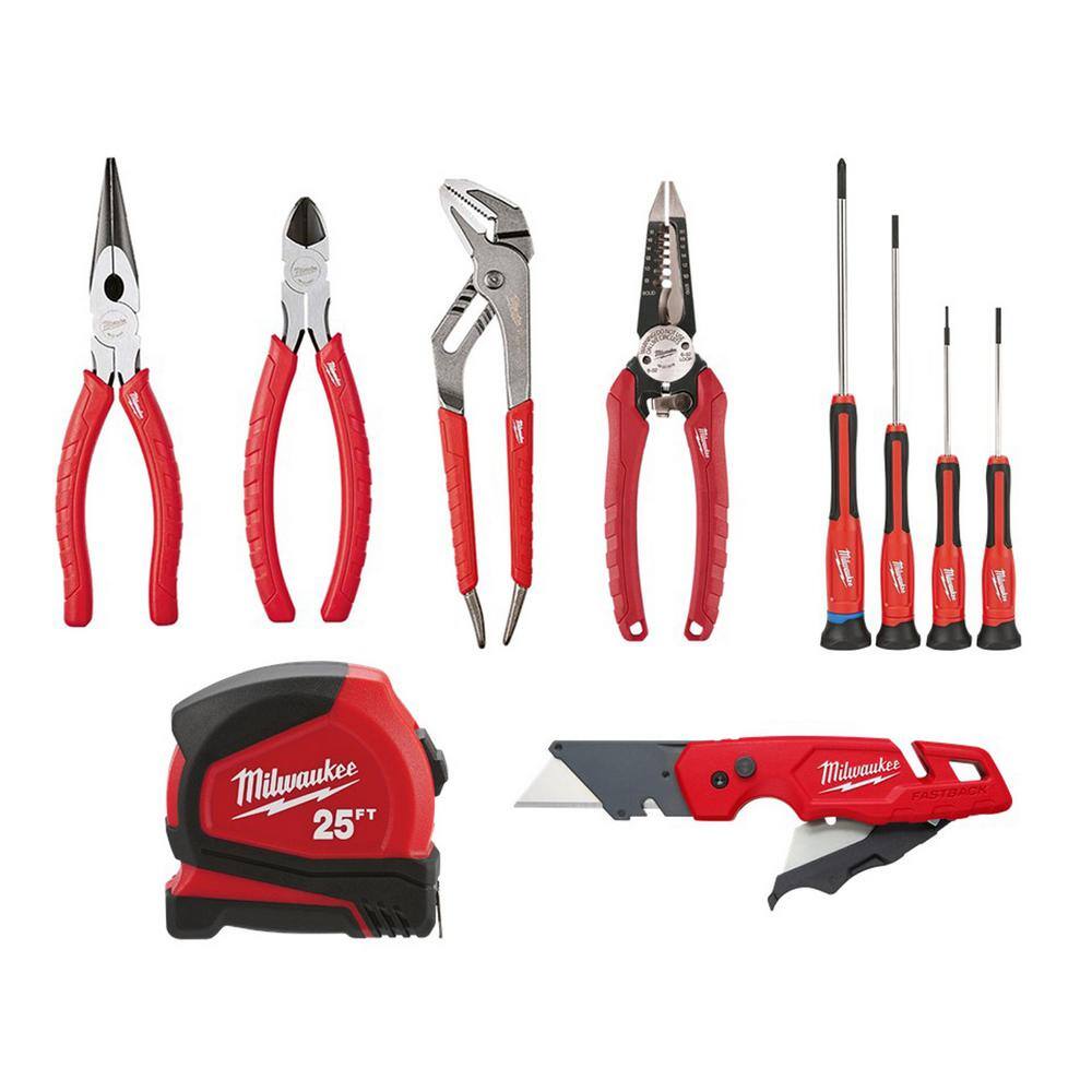 MW Pliers Kit with Screwdriver Set 25 ft. Compact Tape Measure and FASTBACK Folding Utility Knife (10-Piece) 48-22-6331-3079-2604-6625-1502