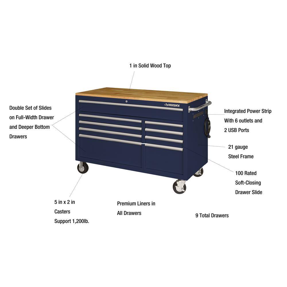 Husky 52 in. W x 25 in. D Standard Duty 9-Drawer Mobile Workbench Cabinet with Solid Wood Top in Gloss Blue HOTC5209B31M