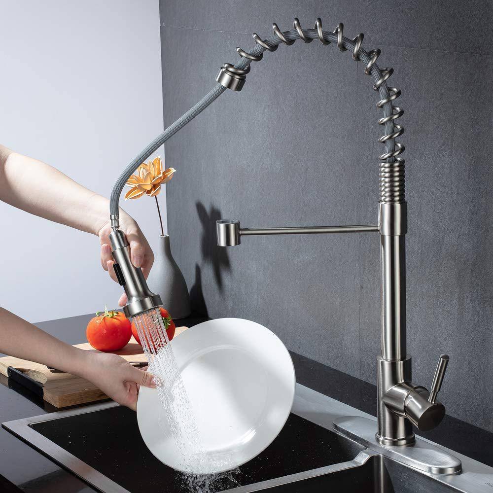 ELLOALLO Single-Handle Pull-Down Sprayer Kitchen Faucet with Deck Plate in Stainless EKF-N-20