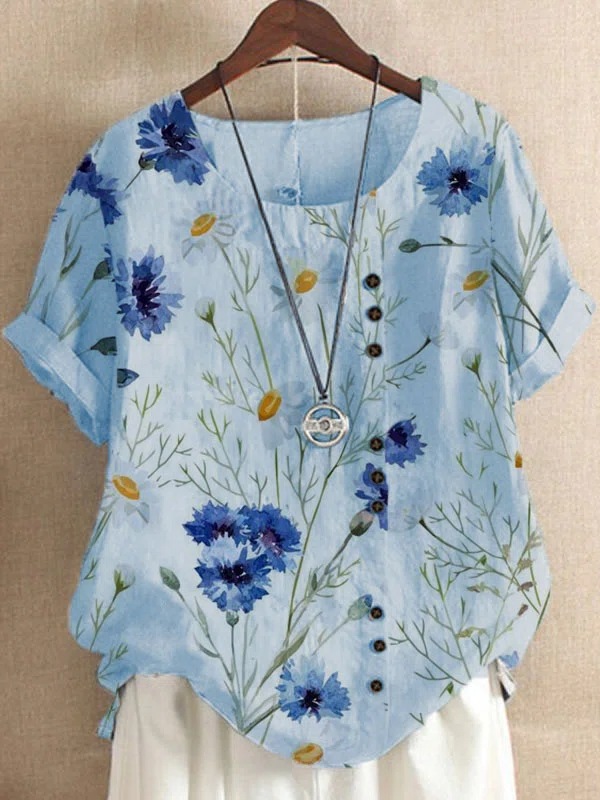 Cotton Marguerite Flower Print Short Sleeve Shirt