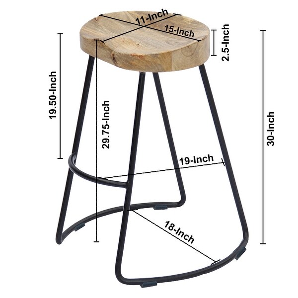 Ela 30 Inch Mango Wood Bar Stool， Saddle Seat， Iron Frame， Brown and Black