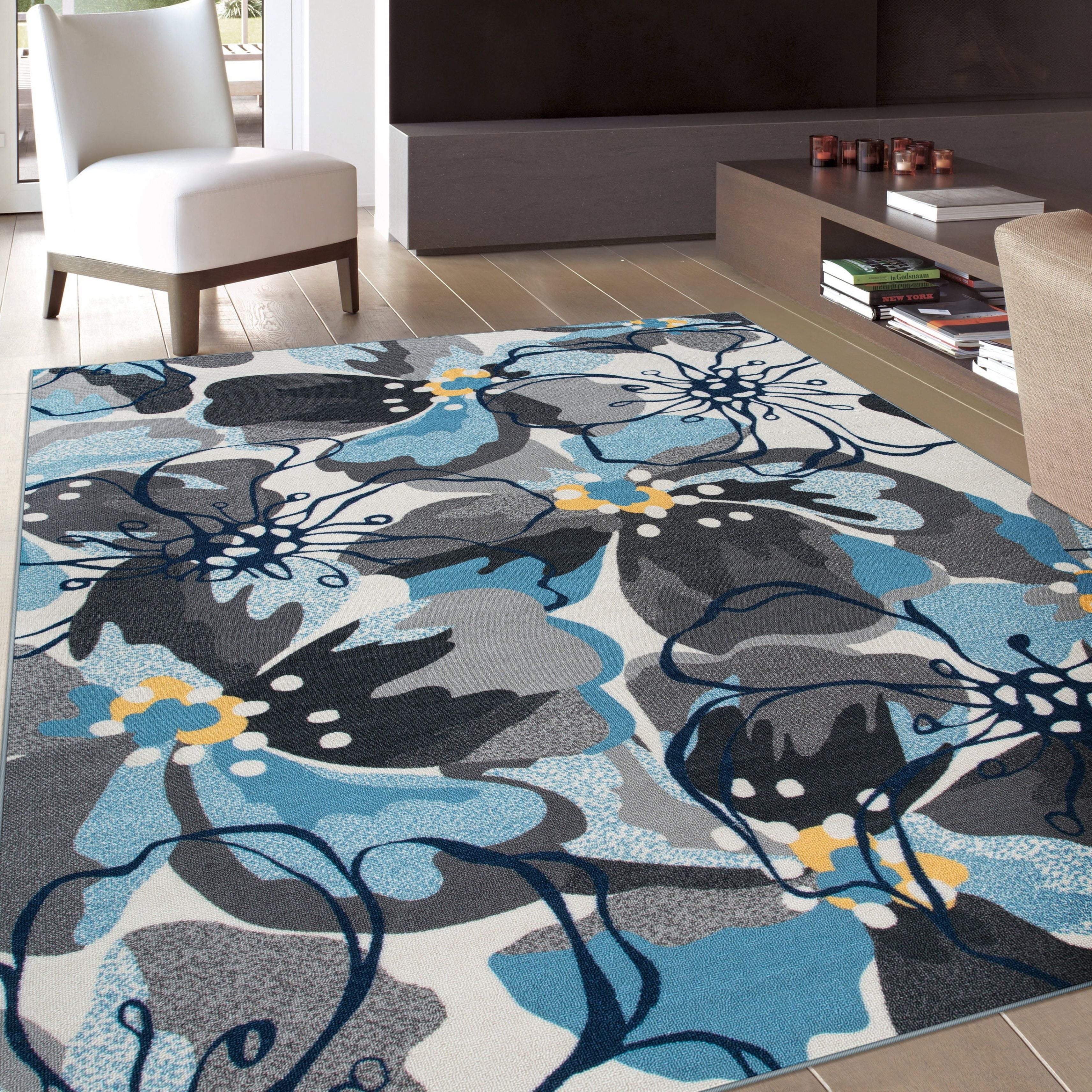 World Rug Gallery Gray/Blue Nylon Modern Large Floral Non-Slip Non-Skid Area Rug Or Runner