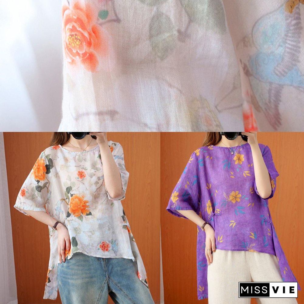 French o neck asymmetric summer top Shirts purple print top