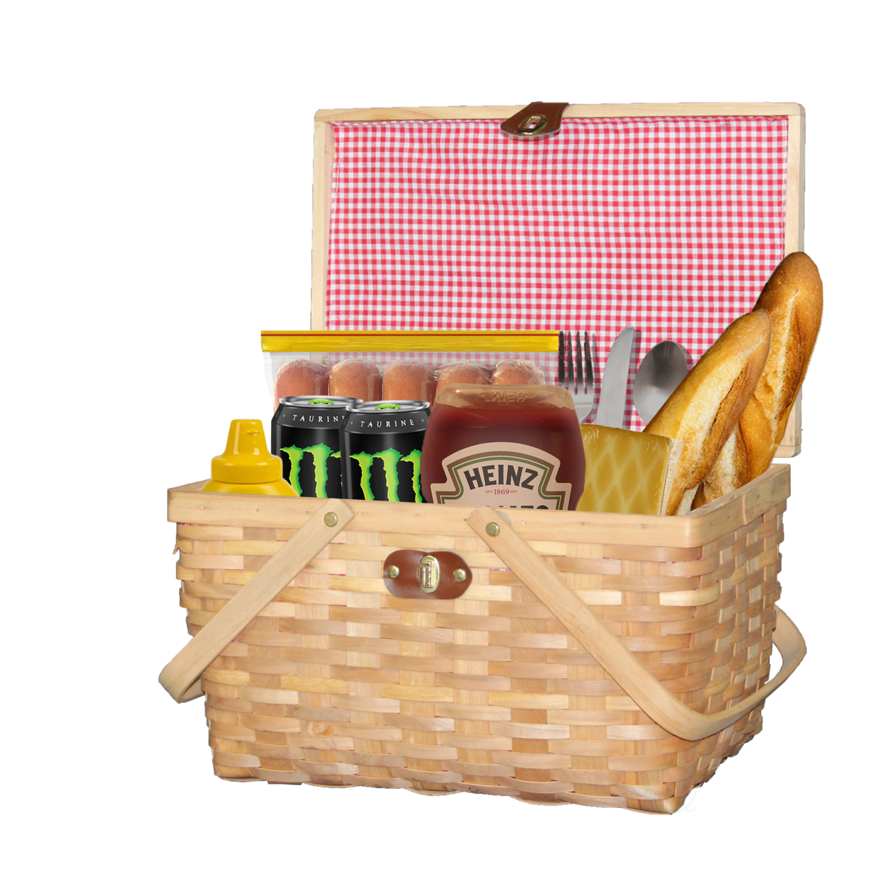 Gingham Lined Woodchip Picnic Basket With Lid and Movable Handles