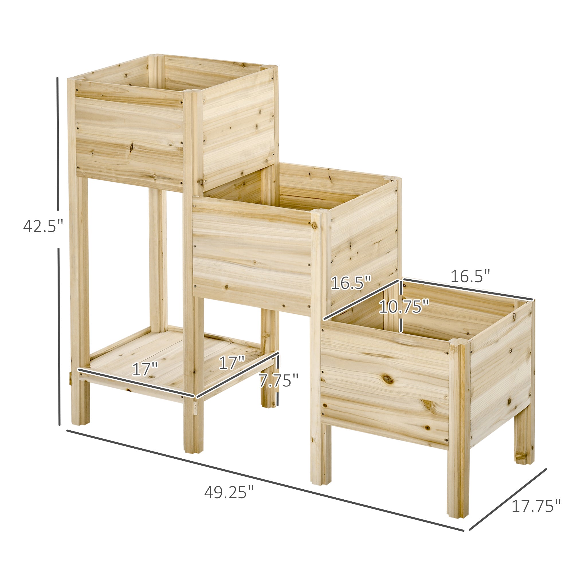 Outsunny 49'' x 18'' x 43'' 3-Tier Raised Garden Bed w/ Storage Shelf, Wood Raised Garden Boxes, Freestanding Wooden Plant Stand for Vegetables, Herb and Flowers