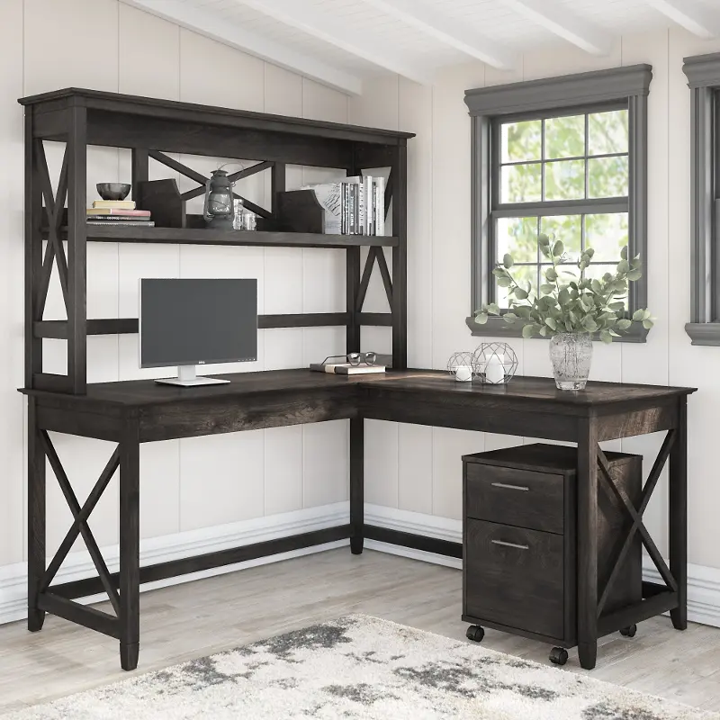 Key West Dark Gray Hickory 60 Inch Desk with Hutch and File Cabinet - Bush Furniture