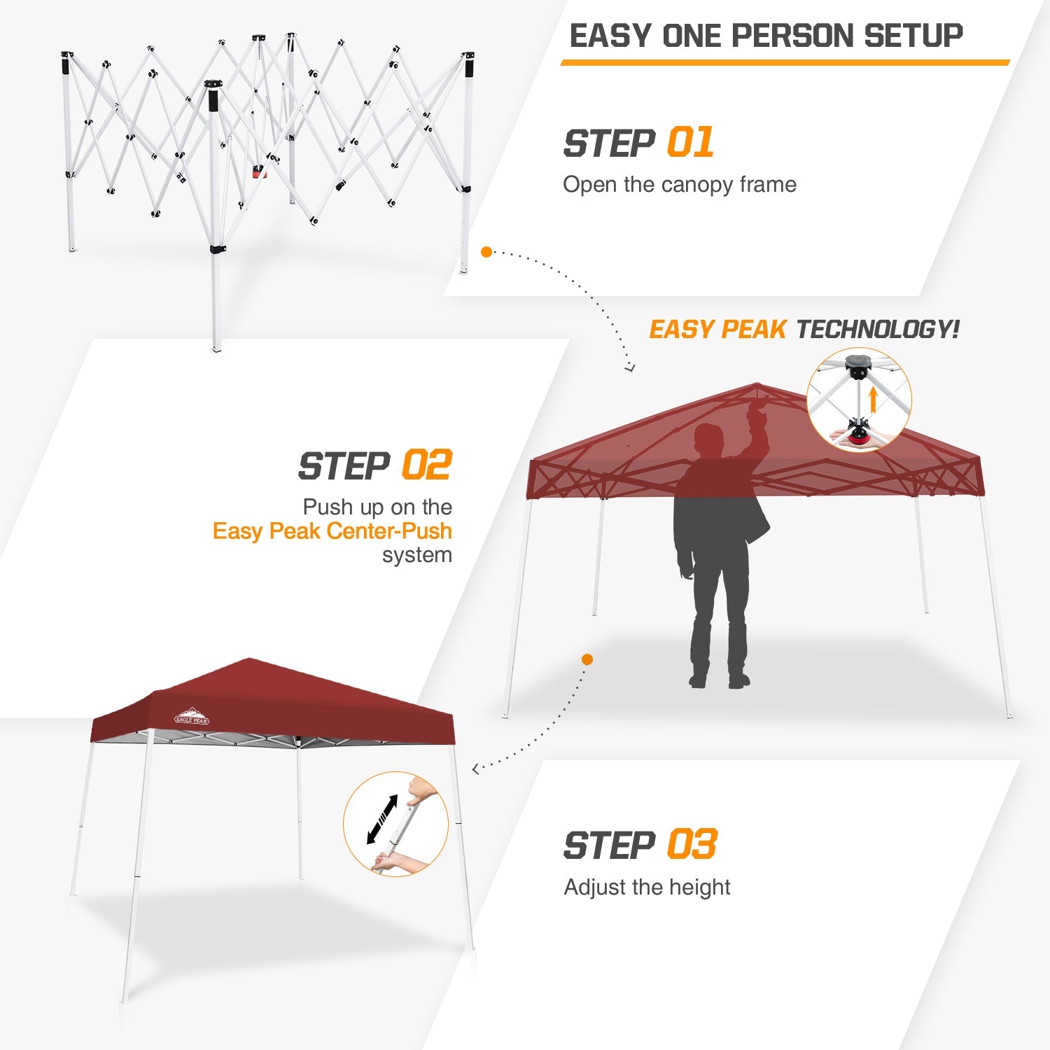 EAGLE PEAK 10' x 10' Slant Leg Pop-up Canopy Tent Easy One Person Setup Instant Outdoor Canopy Folding Shelter with 64 Square Feet of Shade