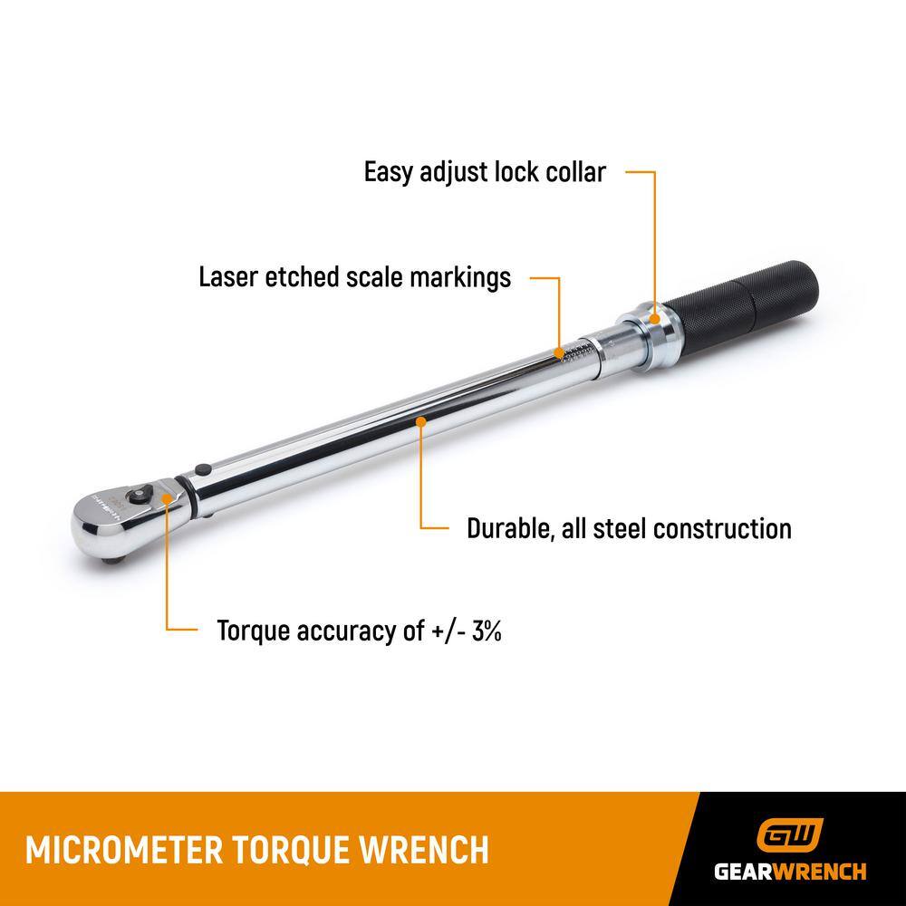 GEARWRENCH 12 in. Drive 30 ft.lbs. to 250 ft.lbs. Micrometer Torque Wrench with 24 in. Breaker Bar (2-Piece) 85876