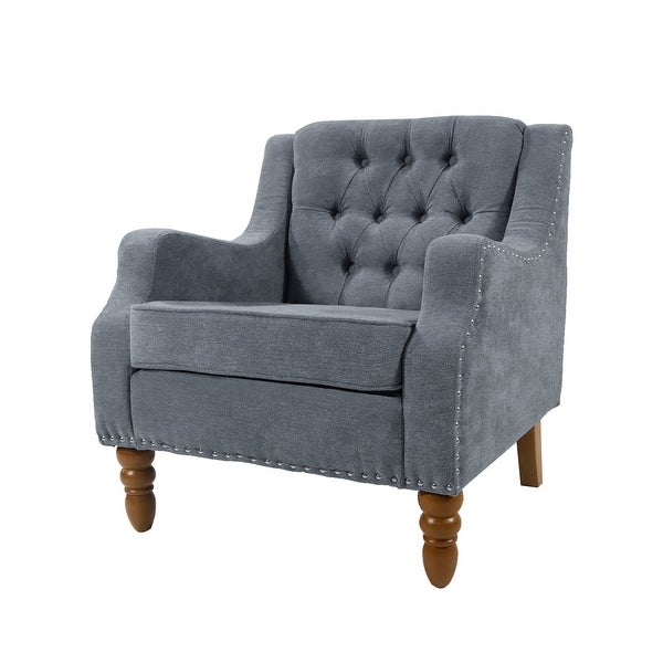 Button Tufted Upholstered Arm Accent Chair with Vintage Studs， Grey