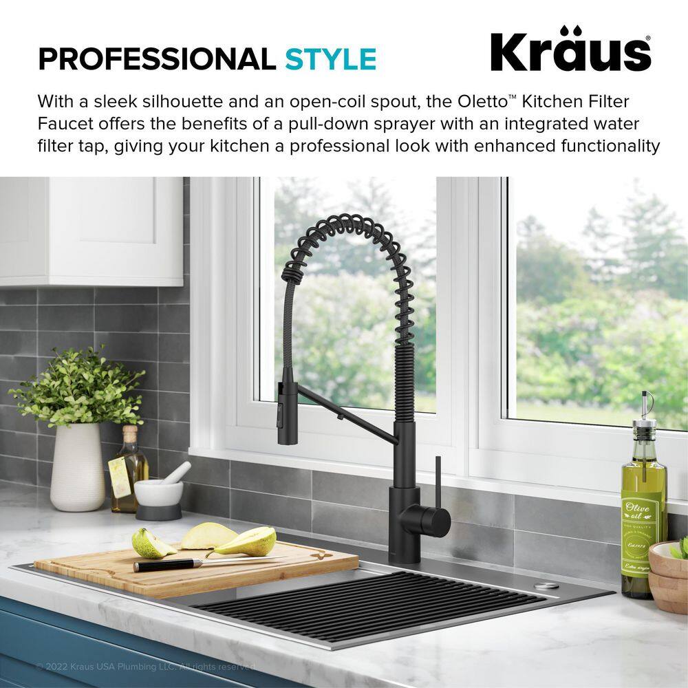 KRAUS Oletto 2-in-1 Commercial Style Pull-Down Single Handle Water Filter Kitchen Faucet in Matte Black KFF-2631MB