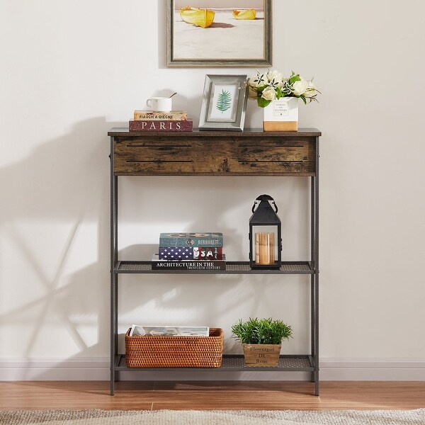 Modern Narrow Console Table with 2 Dual Drawer and Shelves， Brown