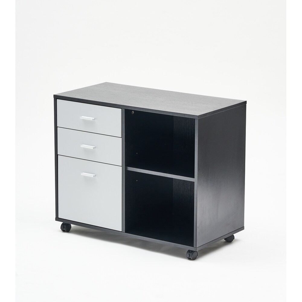 Wooden Black Filing Cabinet with 3 Drawers and Two Open Shelves   Mobile Design with Wheels