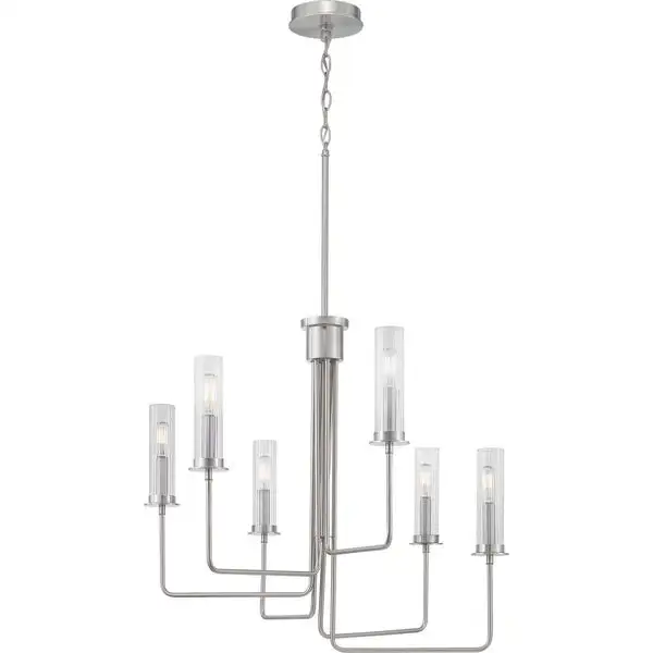Rainey Collection 6-Light Brushed Nickel Clear Fluted Ribbed Glass Modern Chandelier Light - N/A