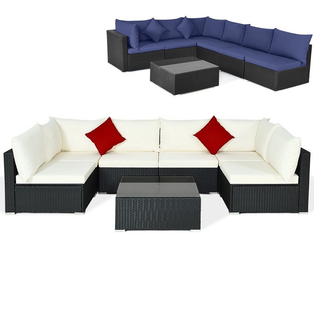 Costway 7pcs Patio Rattan Furniture Set Sectional Sofas Off White amp Navy Cushion Covers