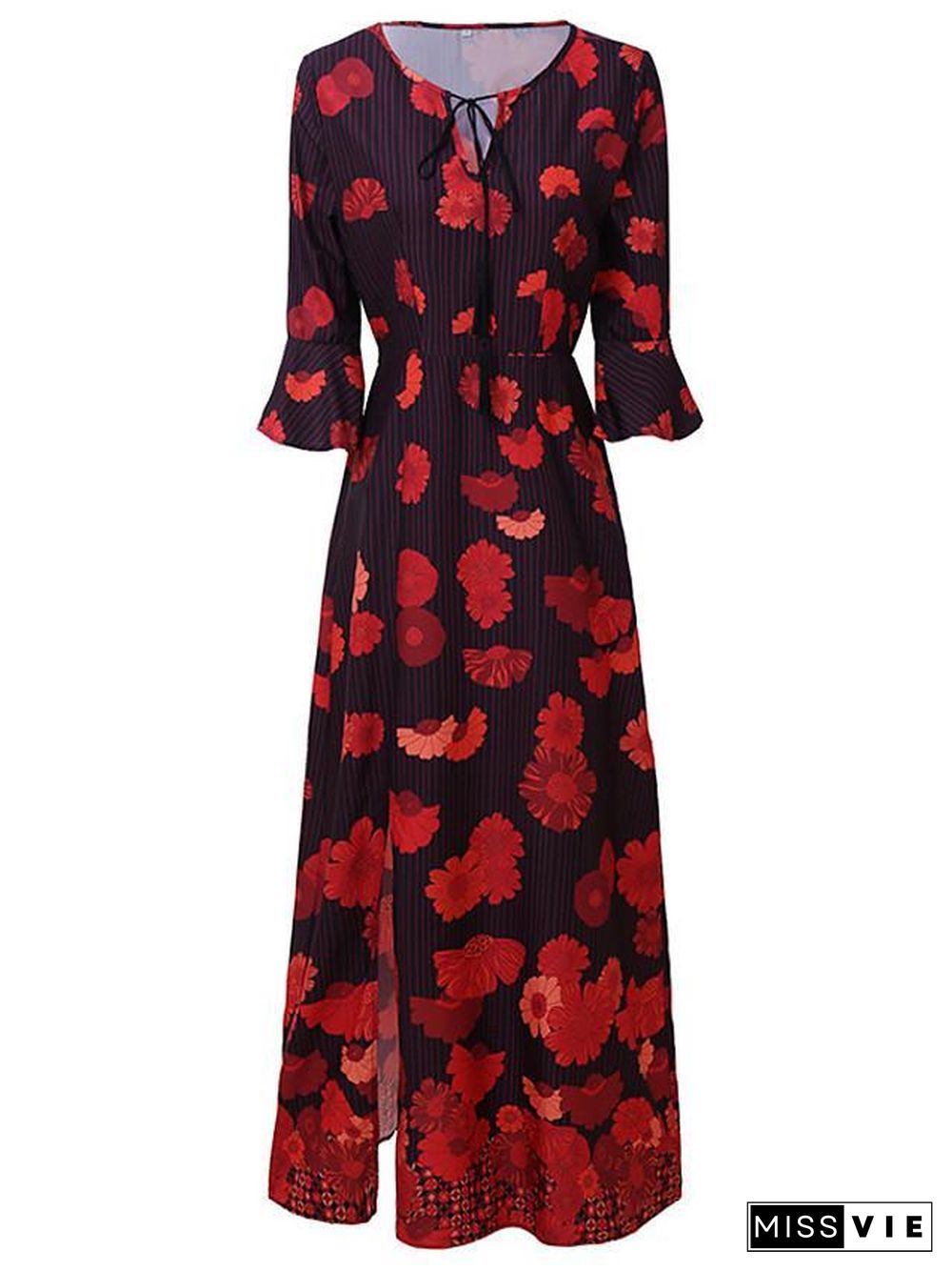 Women's T Shirt Dress Tee Dress Maxi long Dress - Long Sleeve Floral Split Patchwork Print Spring Fall Casual Red Orange S M L XL Black Dresses