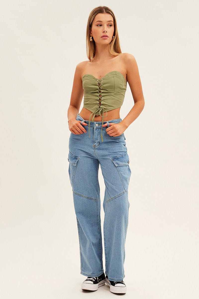 Blue Wide Leg Cargo Pants