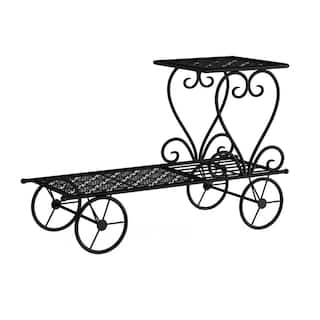 Pure Garden 2-Tier Decorative Black Metal Garden Cart and Plant Stand HW1500184