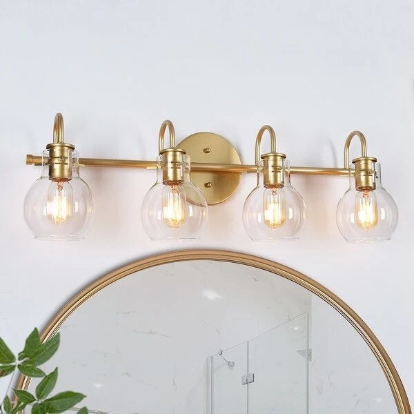 Bela Mid-century Modern Glam Gold 4-Light Bathroom Vanity Lights Globe Glass Wall Sconces Dimmable