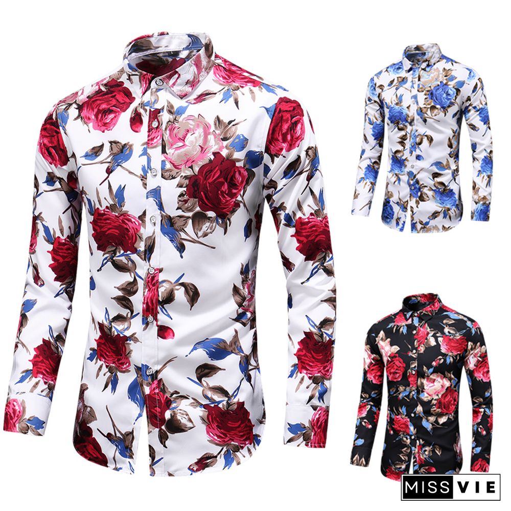 Autumn Men Slim Floral Print Long Sleeve Shirts Fashion Brand Party Holiday Casual Dress Flower Shirt Homme Plus Size 7XL