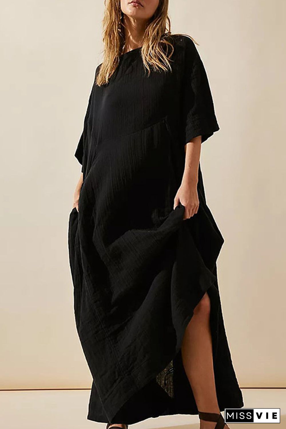 Casual Simplicity Solid Pocket O Neck A Line Dresses