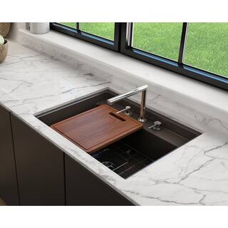 BOCCHI Baveno Uno Matte Brown Fireclay 27 in. Single Bowl UndermountDrop-In 3-hole Kitchen Sink wIntegrated WS and Acc. 1633-025-0127