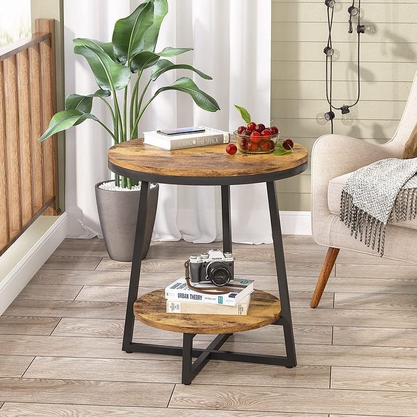 2 Tier Industrial Round Side End Table with Storage Living Room