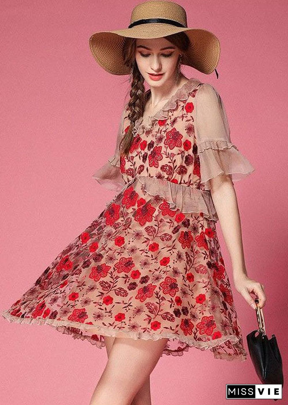 Bohemian Red Embroideried Patchwork Tulle Vacation Dress Short Sleeve