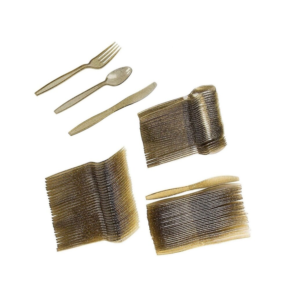 Juvale 144 Pack Gold Glitter Silverware Set   Disposable Party Cutlery Utensils