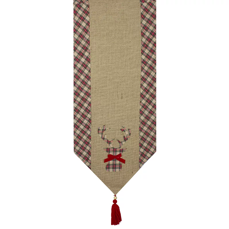 36 Red and Brown Burlap and Plaid Reindeer Christmas Table Runner