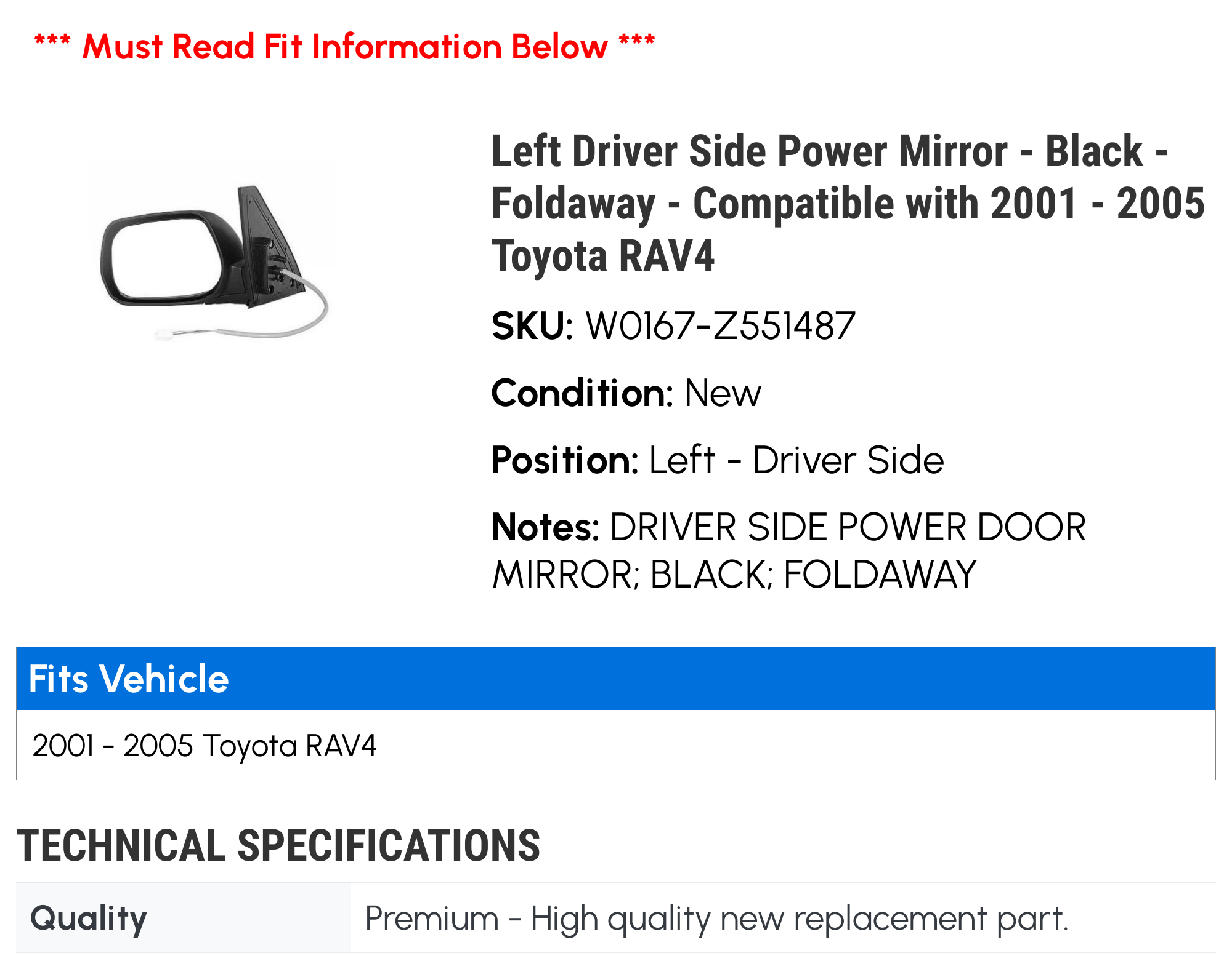 Left Driver Side Power Mirror - Black - Foldaway - Compatible with 2001 - 2005 Toyota RAV4 2002 2003 2004