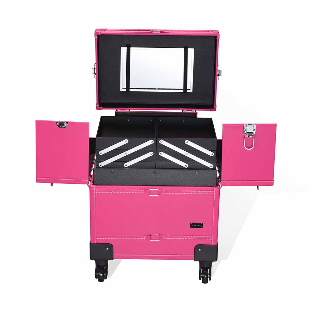 Byootique Rolling Makeup Case Lockable w/ 4-Wheel Mirror Pink