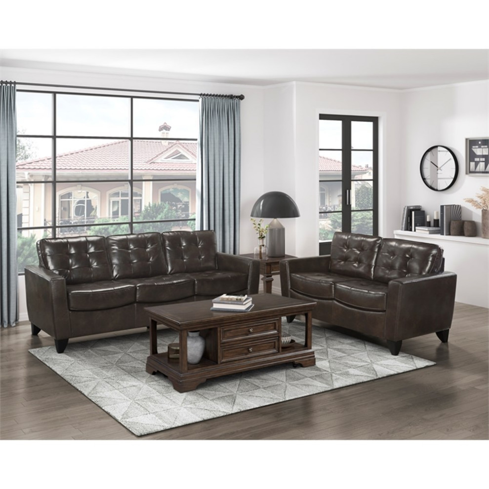 Lexicon Donegal Faux Leather Upholstered Love Seat in Dark Brown Color   Contemporary   Loveseats   by Homesquare  Houzz