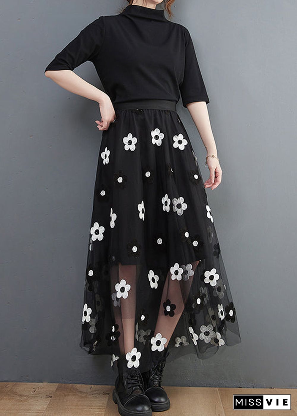 Bohemian Black elastic waist Tulle A Line Skirt Spring