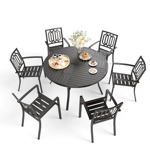 MAISON ARTS 7 Pieces Outdoor Dining Set for 6，Large Round Dining Table with Umbrella Hole and Stackable Metal Chairs